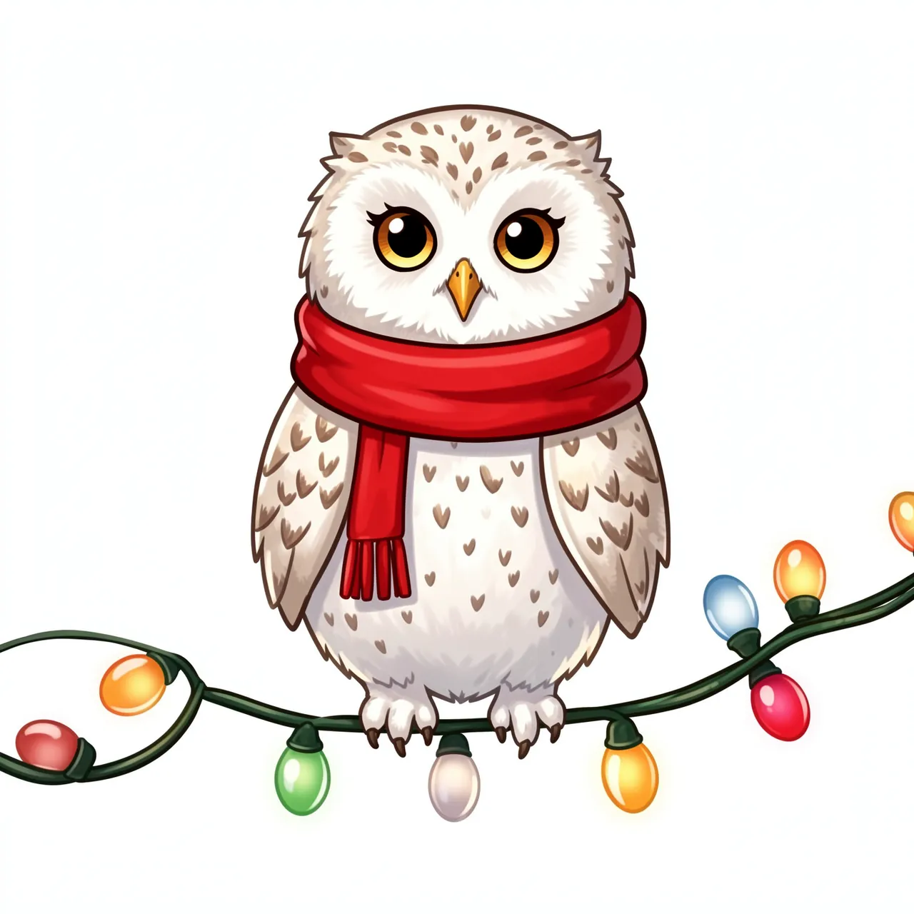 Cute illustrated snowy owl wearing a red scarf perched on a string of colorful Christmas lights