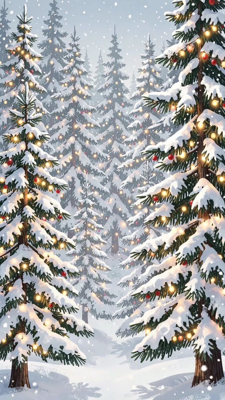 Snow-covered pine trees strung with glowing warm holiday lights stand in a wintry forest as snow falls