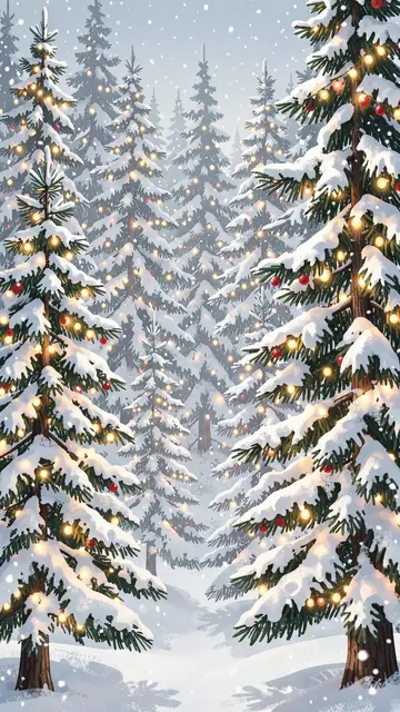 Snow-covered pine trees strung with glowing warm holiday lights stand in a wintry forest as snow falls