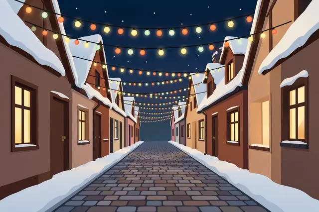 Colorful Christmas fairy lights strung over a snow-lined cobblestone village lane at night
