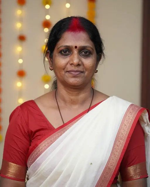 Portrait of a South Asian woman in a white saree with festive string lights in the background