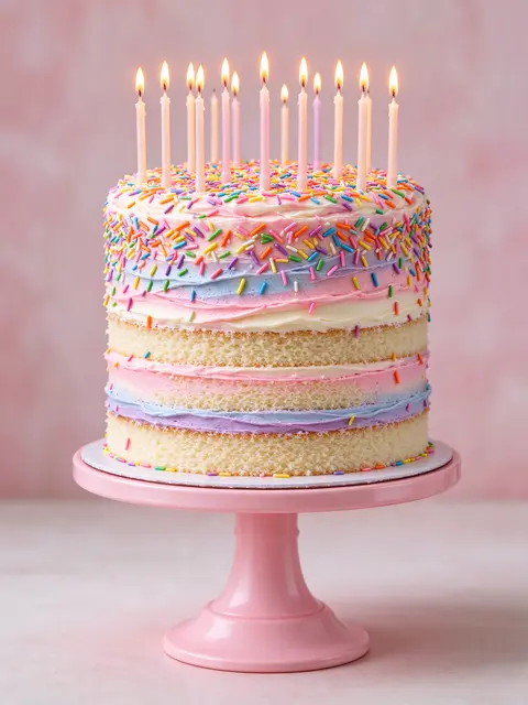 Tall layered birthday cake with pastel buttercream, rainbow sprinkles, lit candles, on a pink cake stand