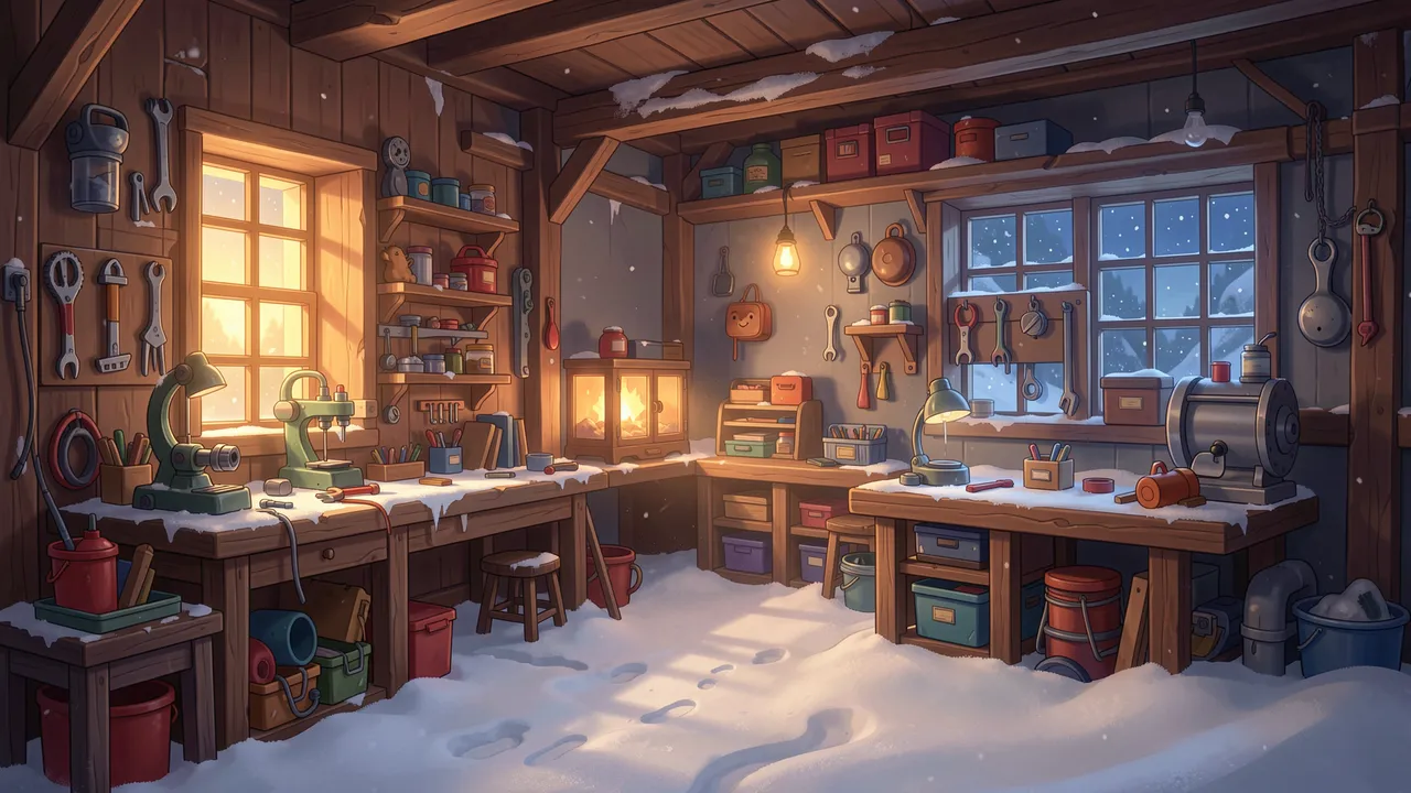 Snow covers the floor and workbenches inside a cozy glowing night-time toy workshop