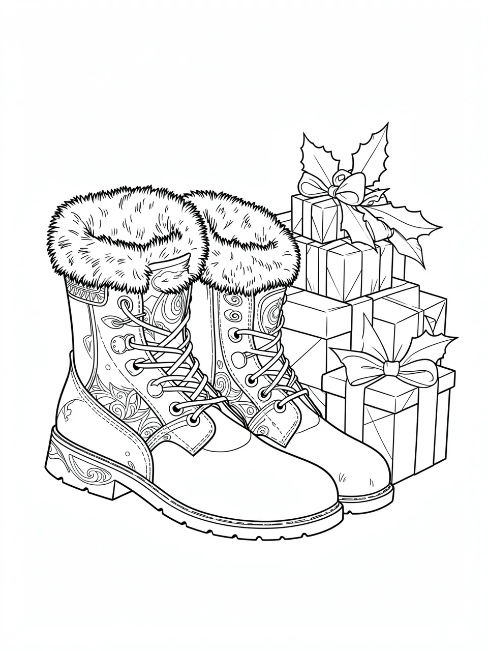 Black and white line art of fur-trimmed boots next to a stacked pile of holiday gifts with holly accents