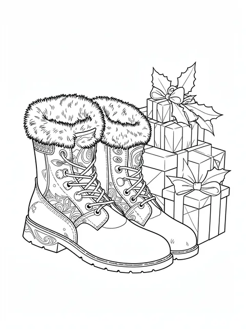 Black and white line art of fur-trimmed boots next to a stacked pile of holiday gifts with holly accents