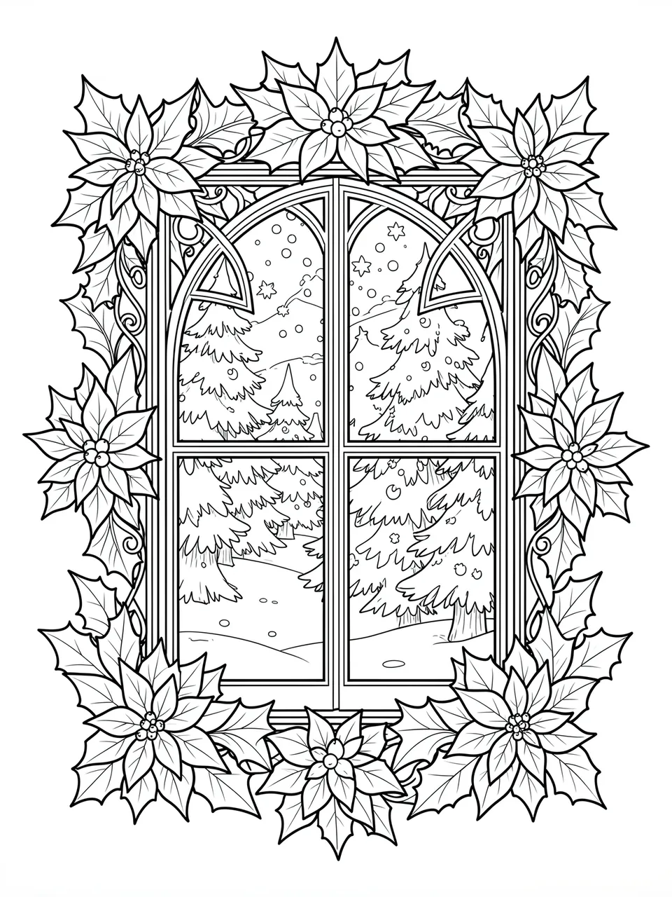 Black and white line art of an arched window framed by poinsettias and holly overlooking a snowy pine forest