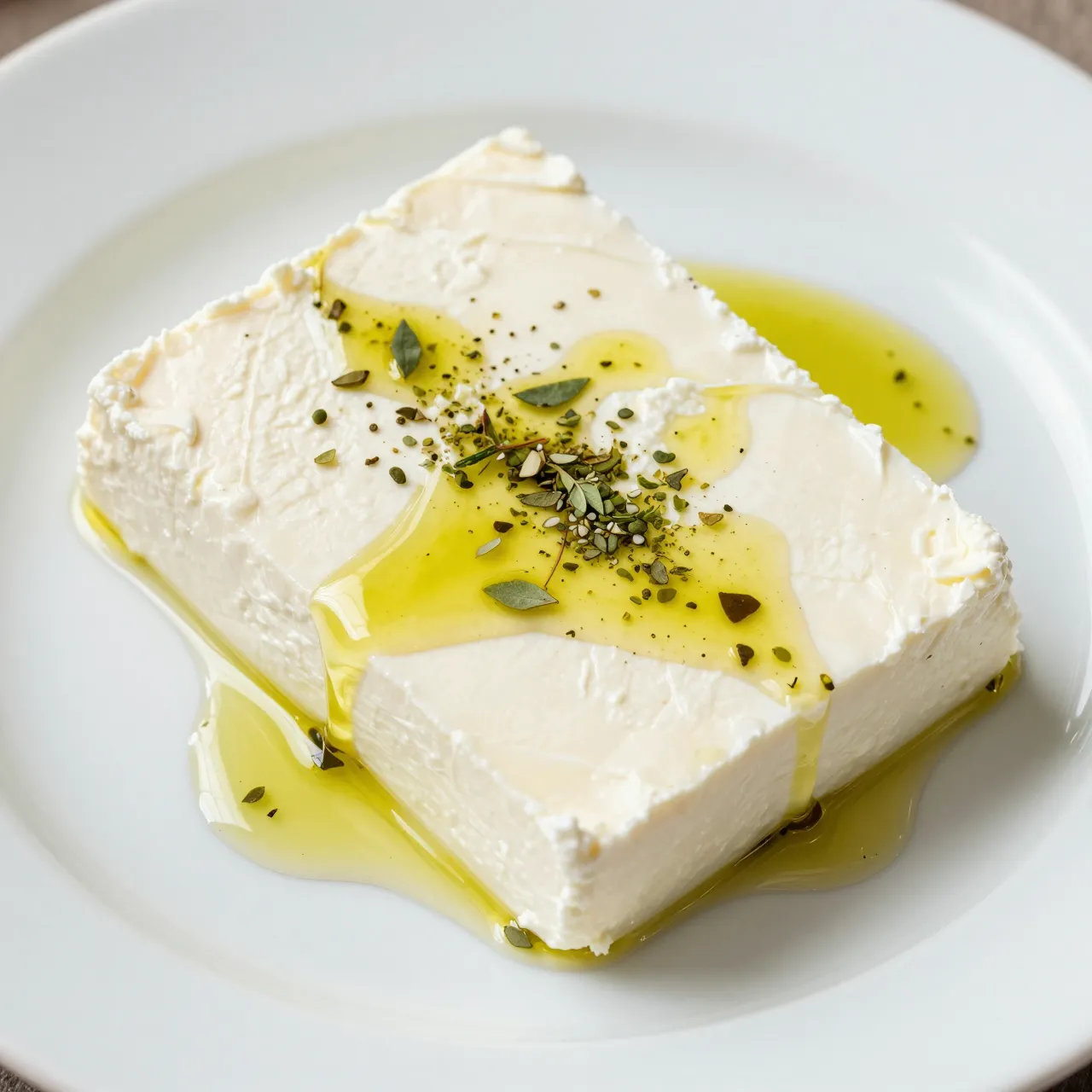 Block of feta cheese drizzled with olive oil and oregano rests on a white plate