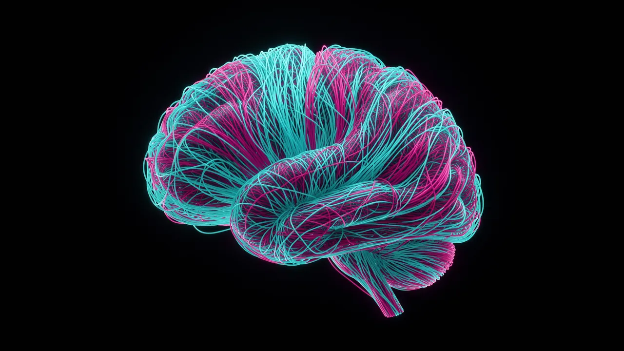 A 3D render of a brain constructed from glowing cyan and magenta fiber optic threads against solid black