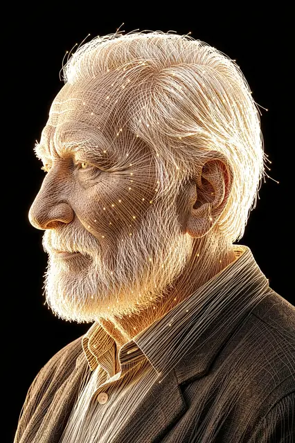 Profile portrait of an elderly man constructed from glowing warm fiber-optic threads against a solid black background