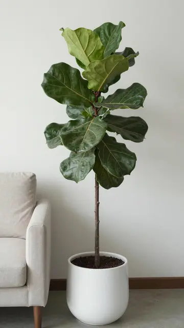 Tall fiddle-leaf fig tree in a white ceramic planter next to a light linen sofa against a plain wall