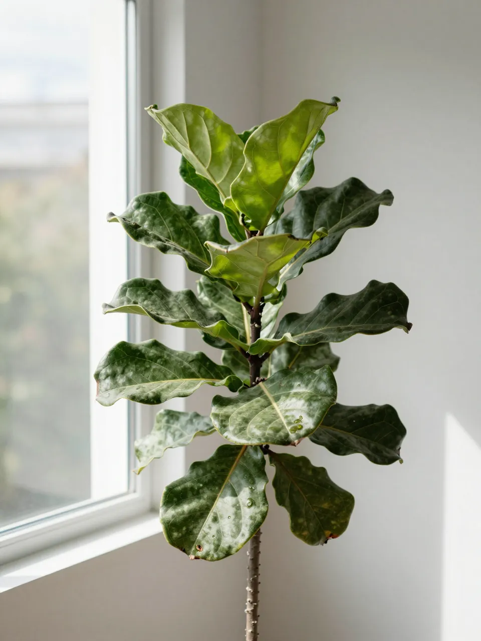 A fiddle leaf fig houseplant sits in a bright sunny interior corner next to a white framed window.