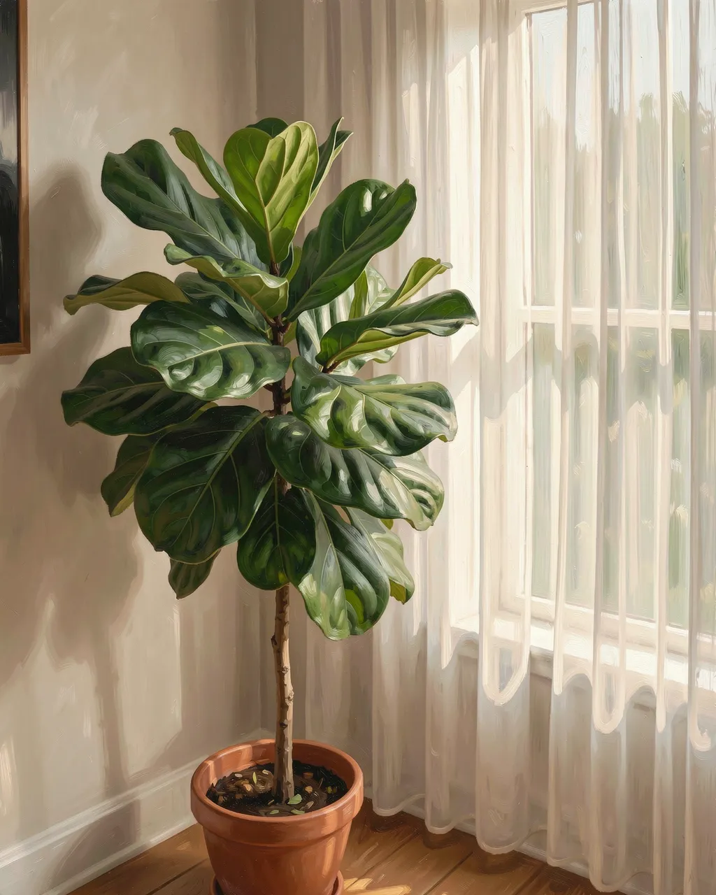 Oil painting of a potted fiddle-leaf fig beside a window with sheer curtains in soft daylight