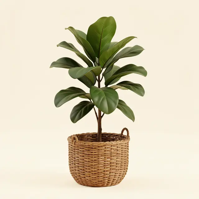 A soft matte 3D render of a fiddle leaf fig plant potted in a woven basket against a plain cream background