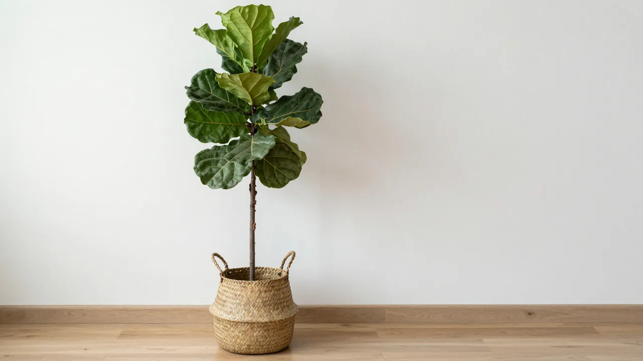 A fiddle-leaf fig in a woven basket sits against a plain white wall on pale oak flooring.