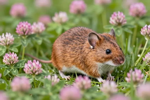 A sandy brown field mouse with a white belly sits among pink clover blossoms in a green summer meadow