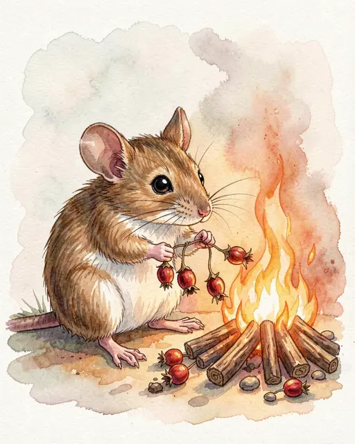Cute watercolor field mouse holds threaded rose hips beside a small crackling campfire