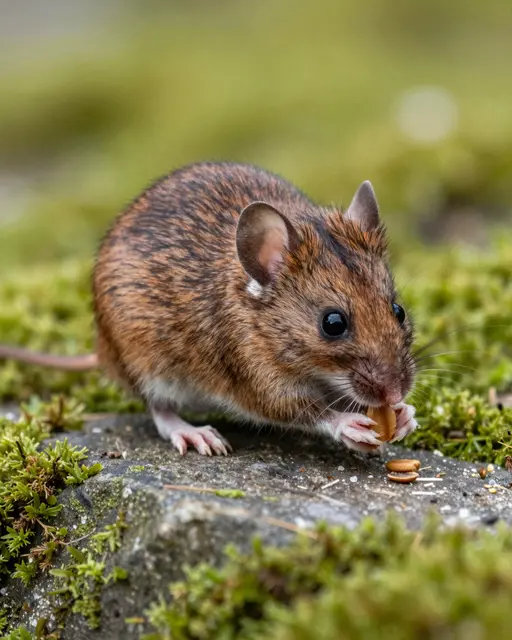 A small field mouse with dark eyes nibbles a seed while perched on a mossy stone.