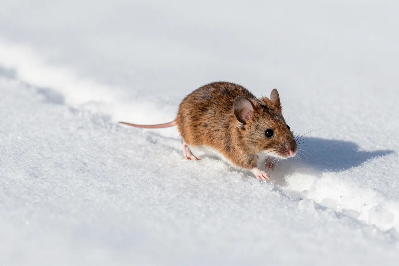 A small brown field mouse stands on bright fresh snow under soft winter sunlight