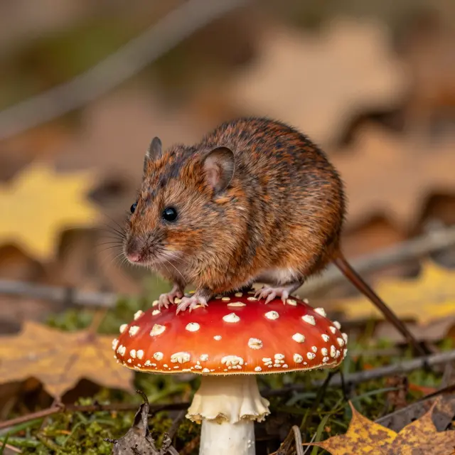 Sandy brown field mouse perched on a red fly agaric toadstool in an autumn forest setting
