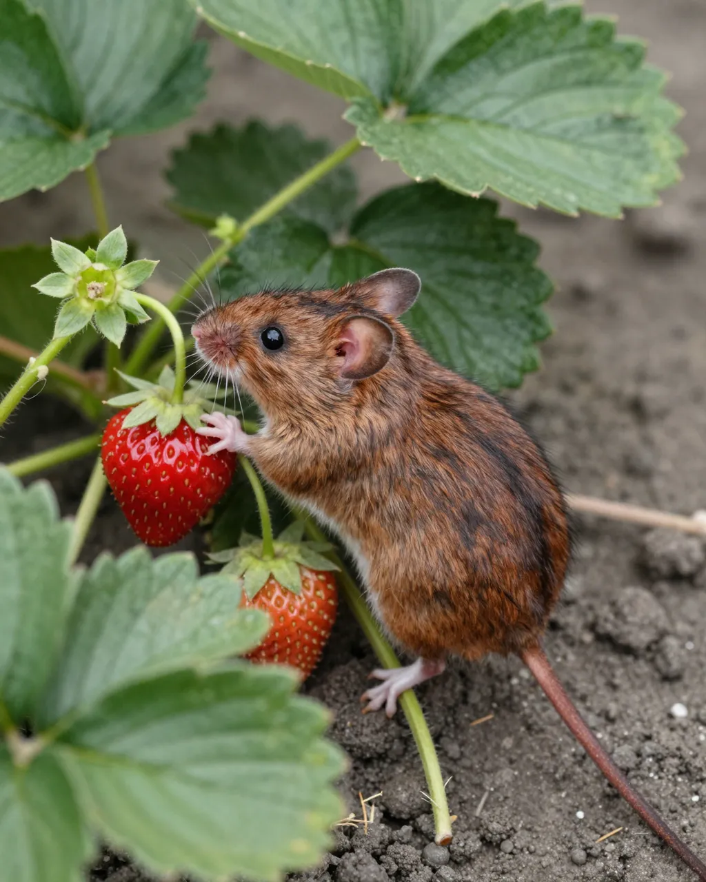 A small brown field mouse rests a paw on a ripe red strawberry growing in garden soil.