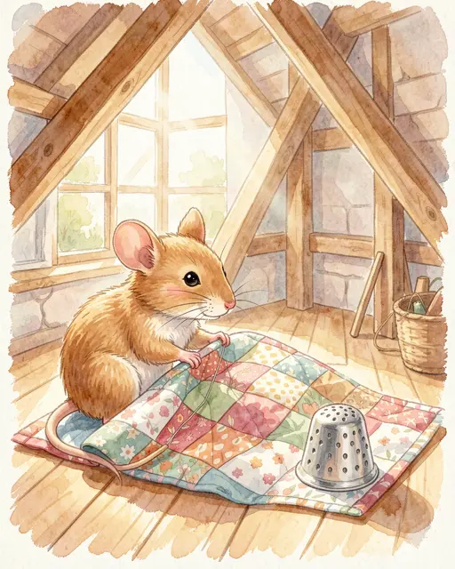 A soft watercolor field mouse sews a patchwork quilt next to a silver thimble in a sunlit attic