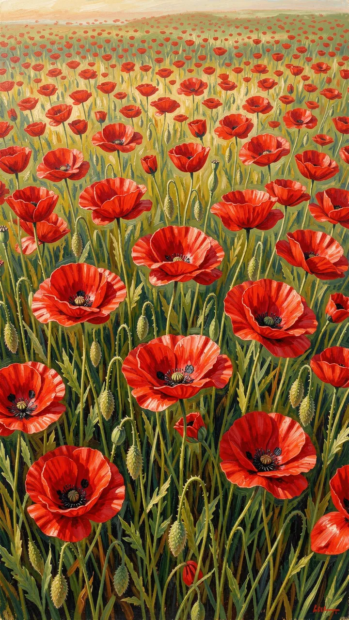 Vertical oil painting of a dense field of bright red poppies stretching to a soft distant horizon