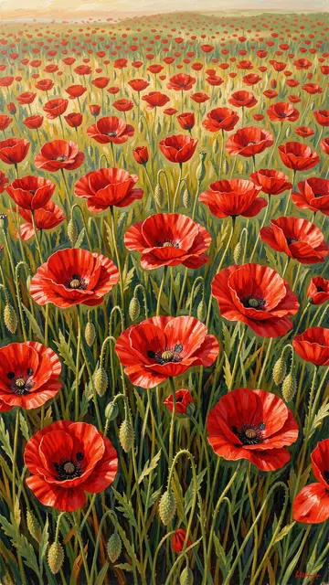 Vertical oil painting of a dense field of bright red poppies stretching to a soft distant horizon