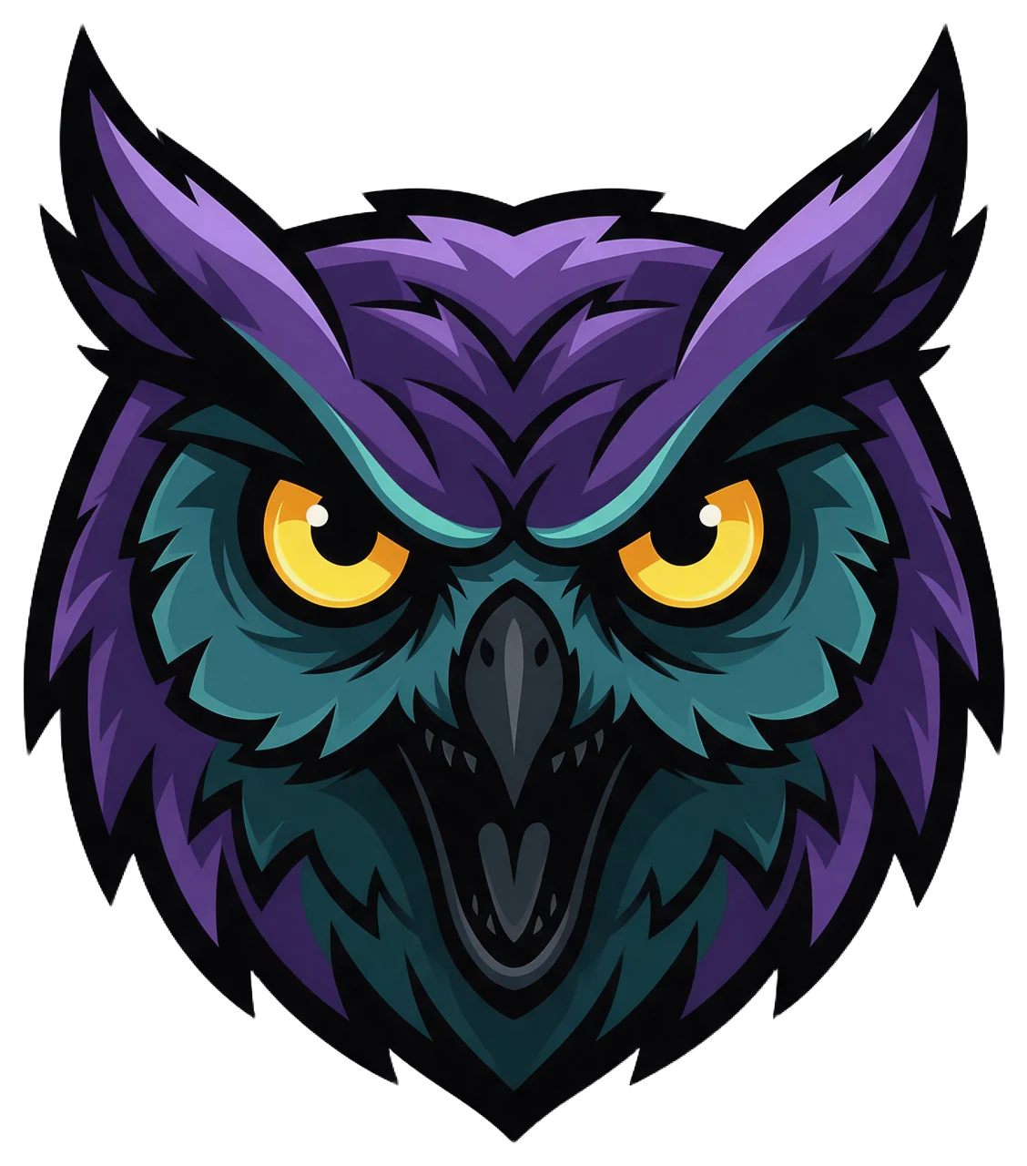 Facing forward stylized owl head mascot with glowing yellow eyes, purple and teal coloring