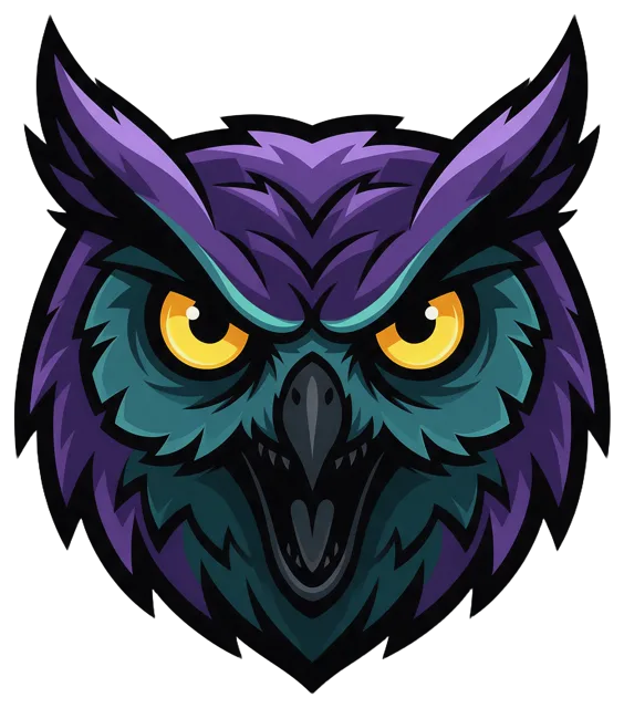 Facing forward stylized owl head mascot with glowing yellow eyes, purple and teal coloring
