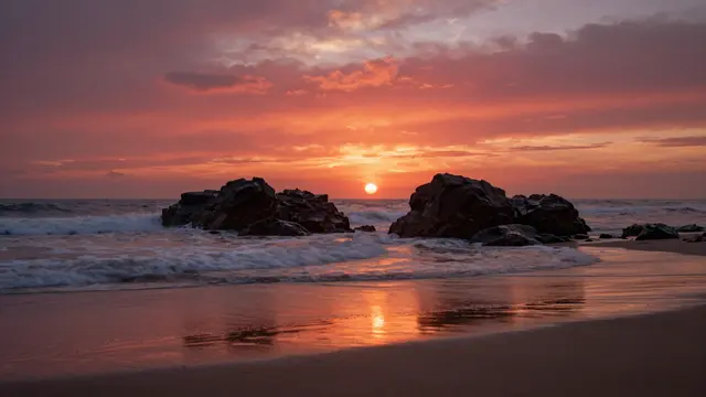 Vibrant red sunset glows behind dark silhouetted rocks in gentle coastal surf, reflected on wet beach sand