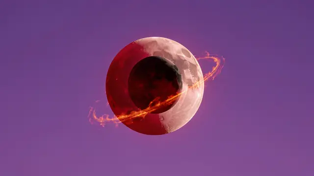 An eclipsed astronomical body with a glowing fiery ring sits against a smooth violet sky