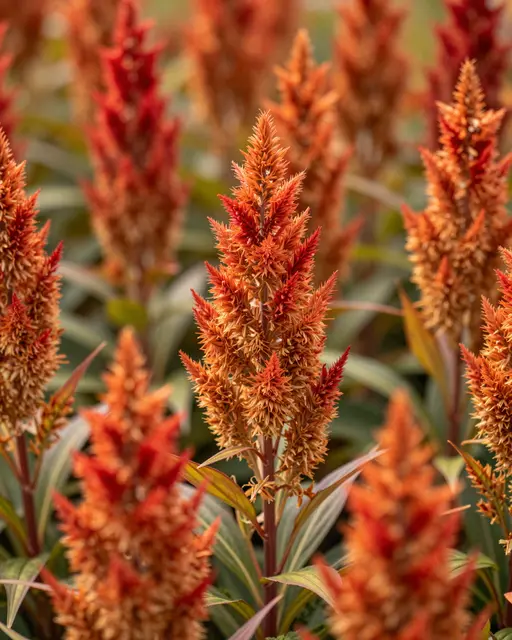 Sharp central flame-shaped celosia plume in red and orange surrounded by blurred matching blooms and green foliage.
