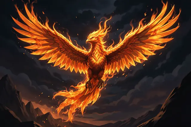 A glowing flaming phoenix spreads wide its wings above mountain peaks against a dark stormy sky