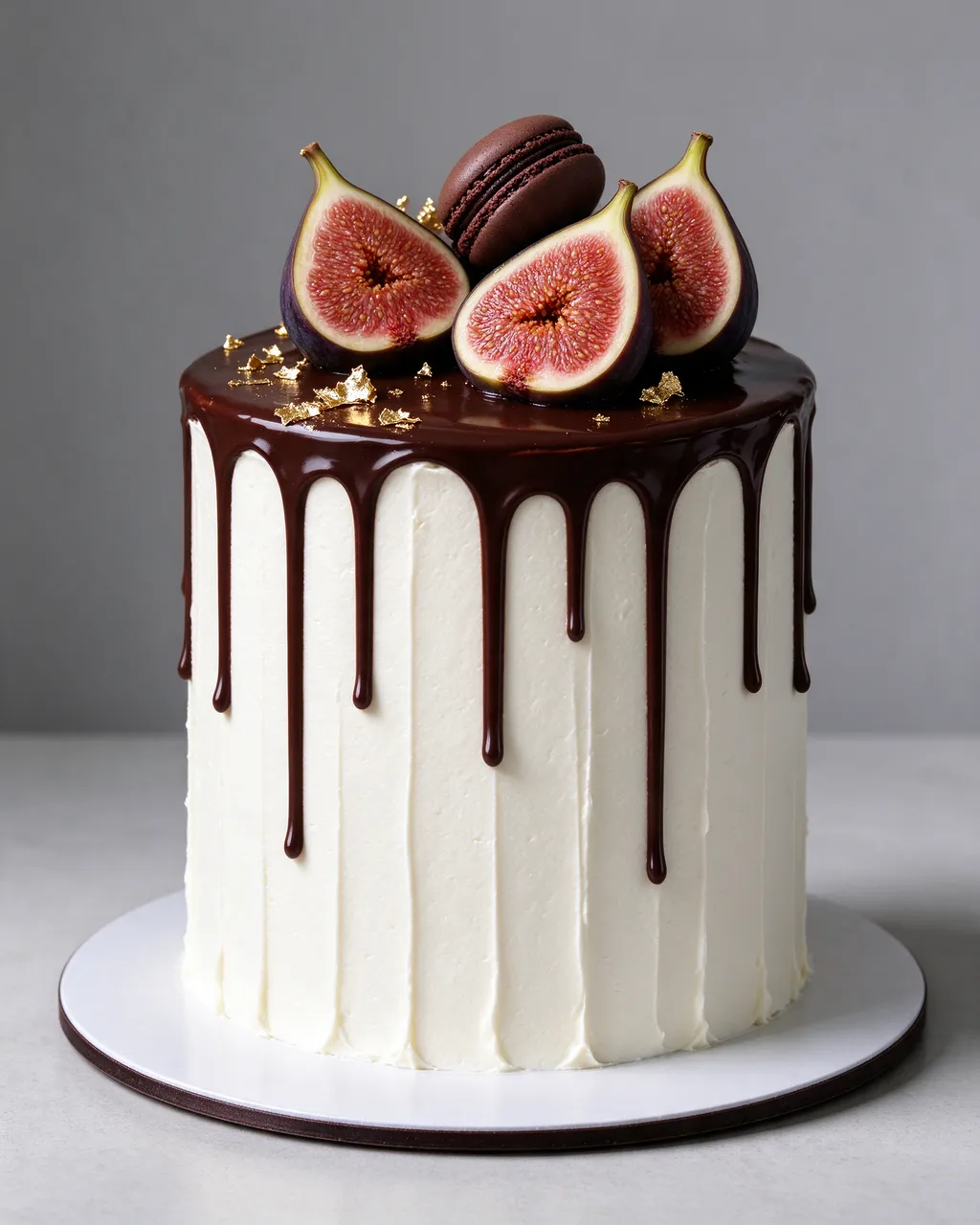 A tall drip cake topped with figs, a chocolate macaron and gold leaf sits on a white cake board