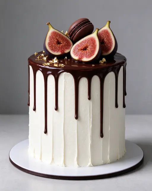 A tall drip cake topped with figs, a chocolate macaron and gold leaf sits on a white cake board