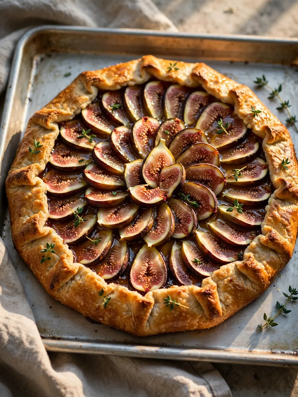 Freshly baked fig honey galette with thyme on a metal baking sheet in warm late afternoon light