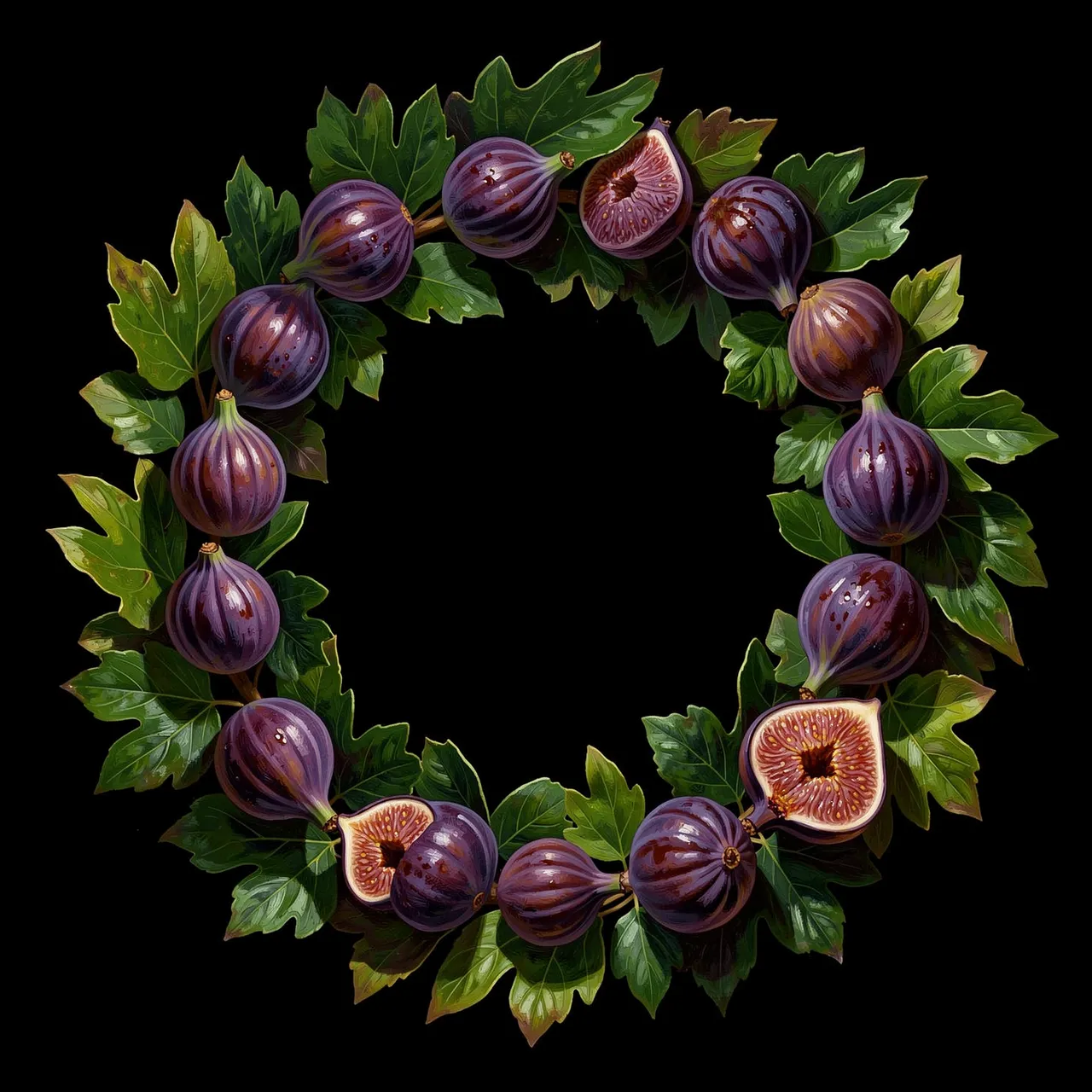 Oil painted circular wreath of green fig leaves and whole and sliced purple figs against a solid black background