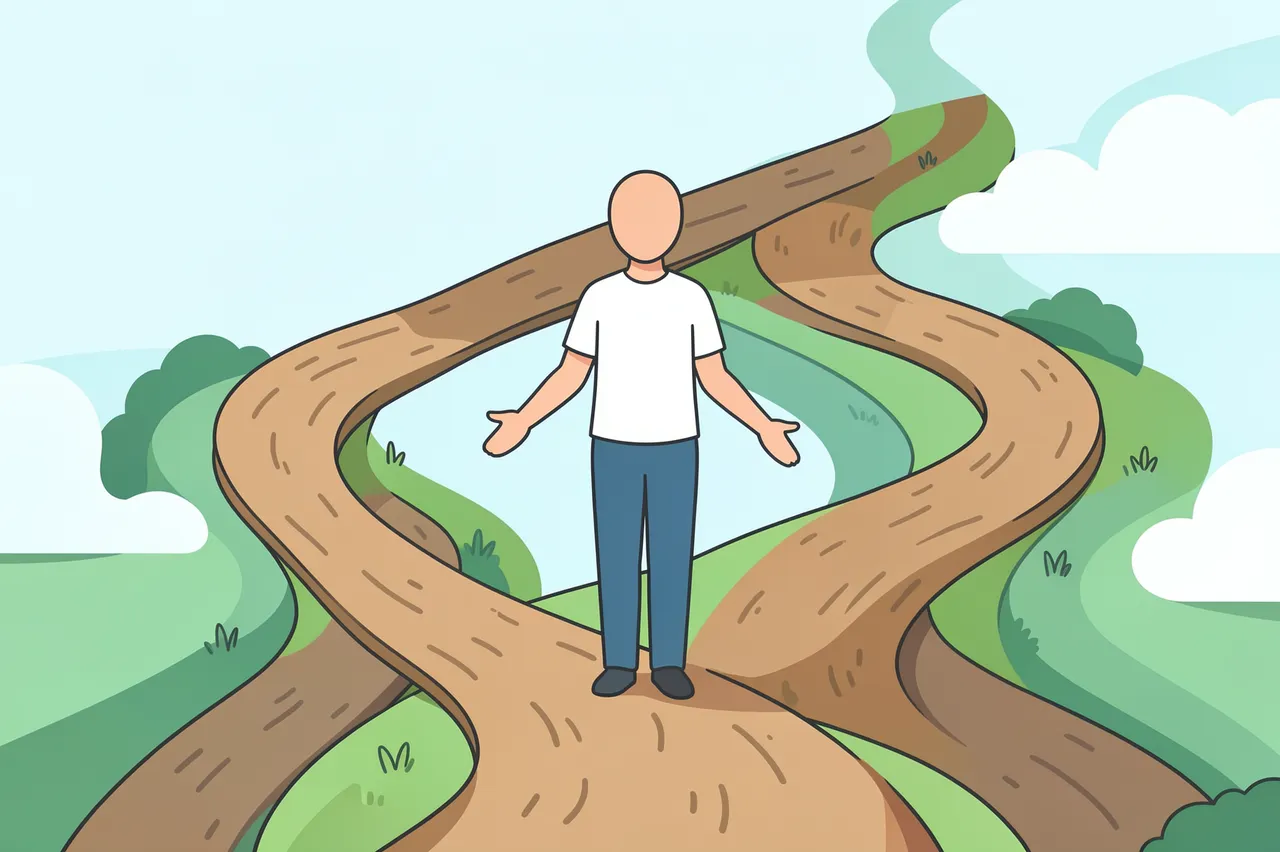 A faceless flat illustration figure stands gesturing between two diverging winding dirt paths representing a decision