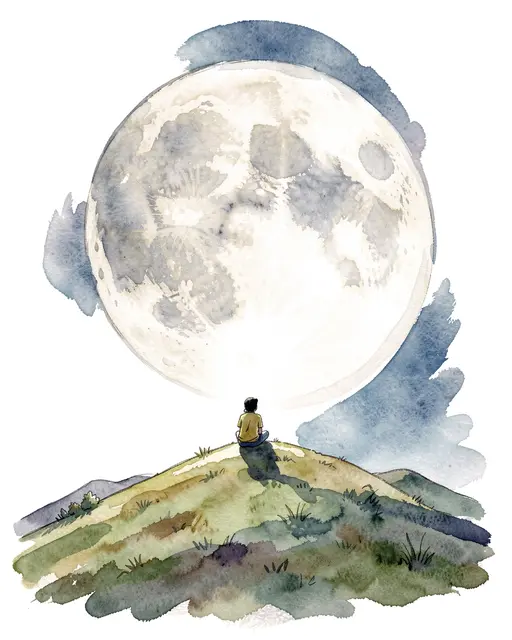 A small seated figure rests on a grassy hill beneath a giant glowing full moon in watercolor style