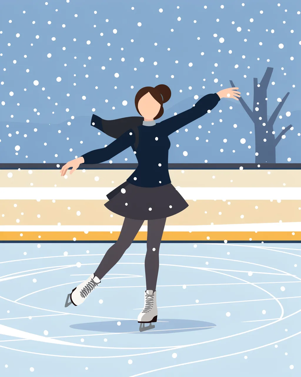 Faceless female figure skater spins on an outdoor ice rink while snow falls around her.
