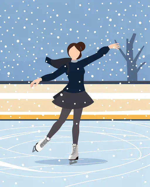Faceless female figure skater spins on an outdoor ice rink while snow falls around her.