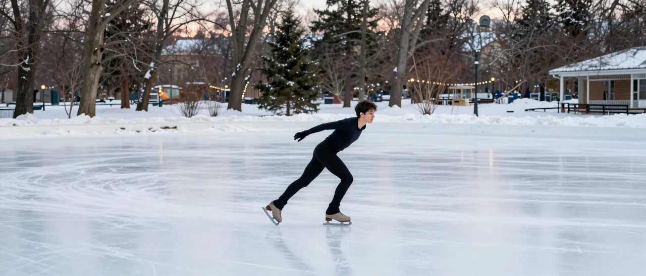 An adult figure skater glides across a snowy outdoor park ice rink at dusk