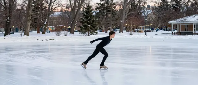 An adult figure skater glides across a snowy outdoor park ice rink at dusk