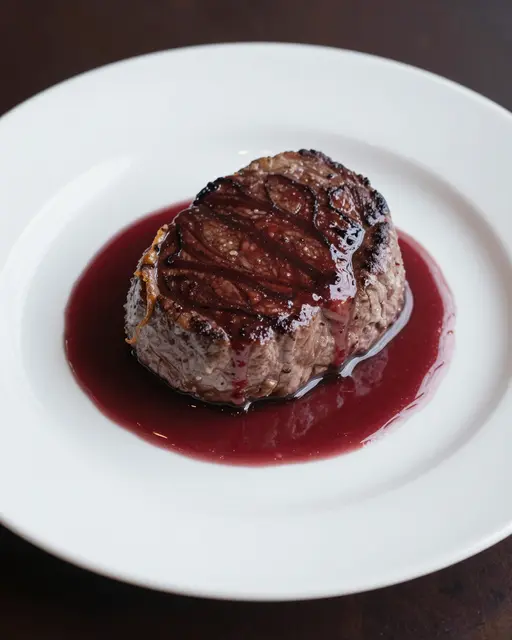 Seared filet mignon with red wine reduction sauce served on a white ceramic plate