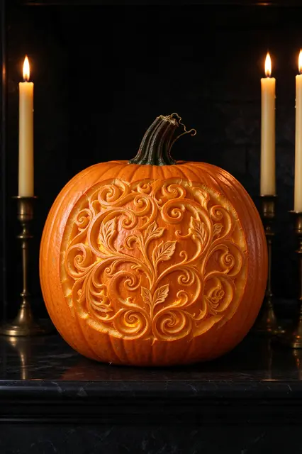 An ornately filigree-carved glowing pumpkin sits on a dark mantel between lit taper candles.