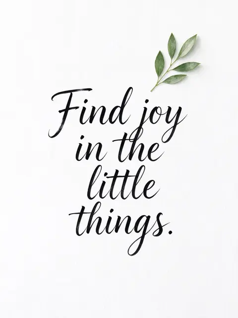 Black brush lettering reading "Find joy in the little things." paired with a small green leaf sprig on textured white