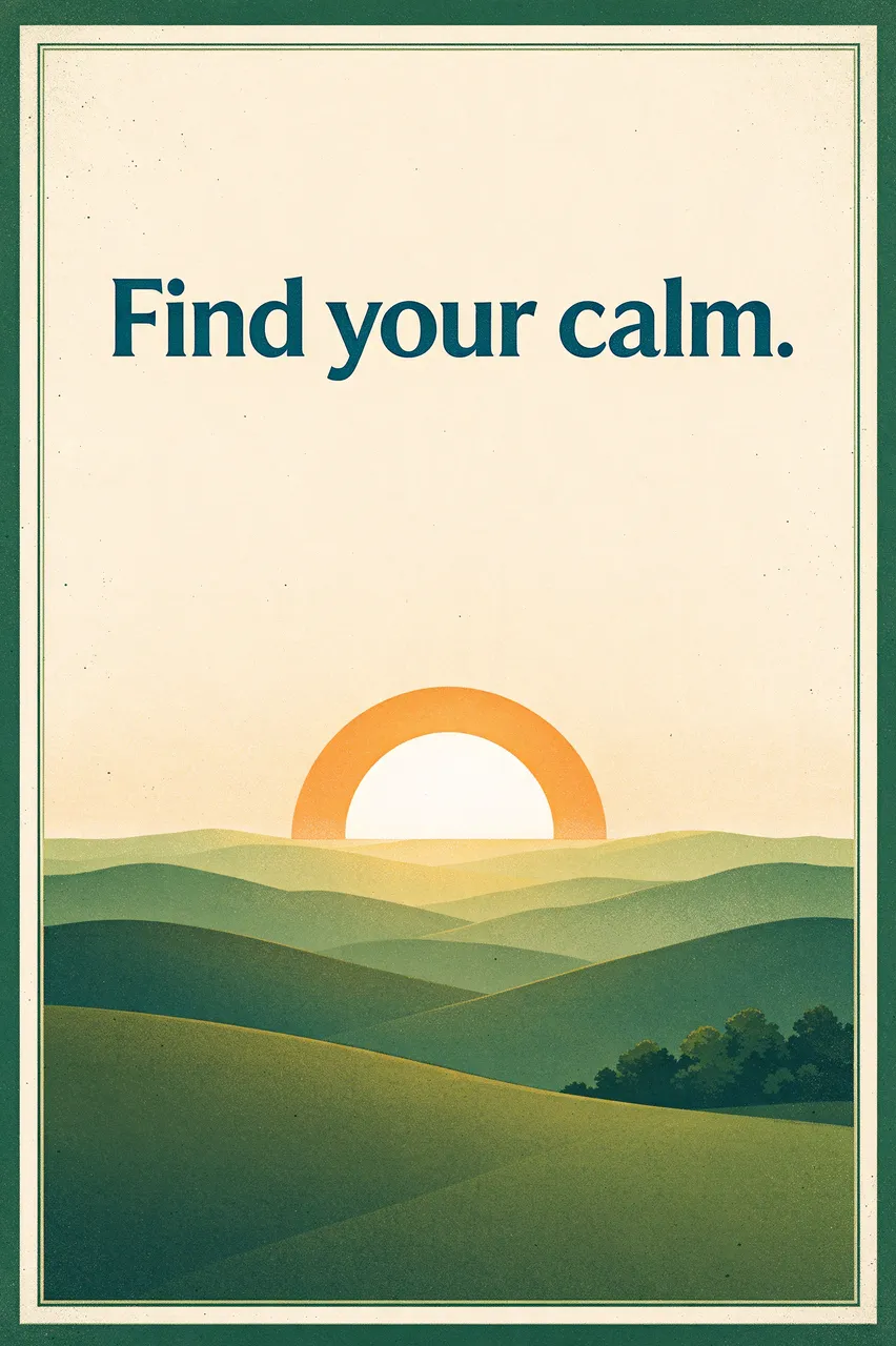 Vintage travel poster illustration with the text "Find your calm." above a sunrise over rolling green hills