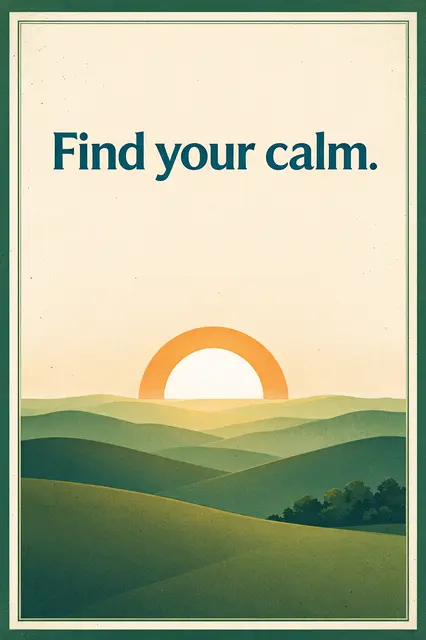 Vintage travel poster illustration with the text "Find your calm." above a sunrise over rolling green hills