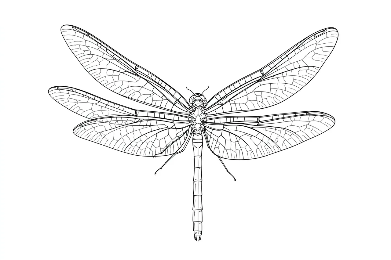 Detailed single-weight line art drawing of a dragonfly with veined outstretched wings on a plain white background