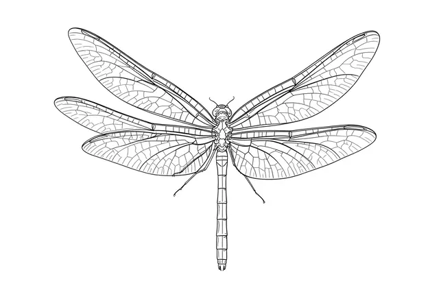 Detailed single-weight line art drawing of a dragonfly with veined outstretched wings on a plain white background